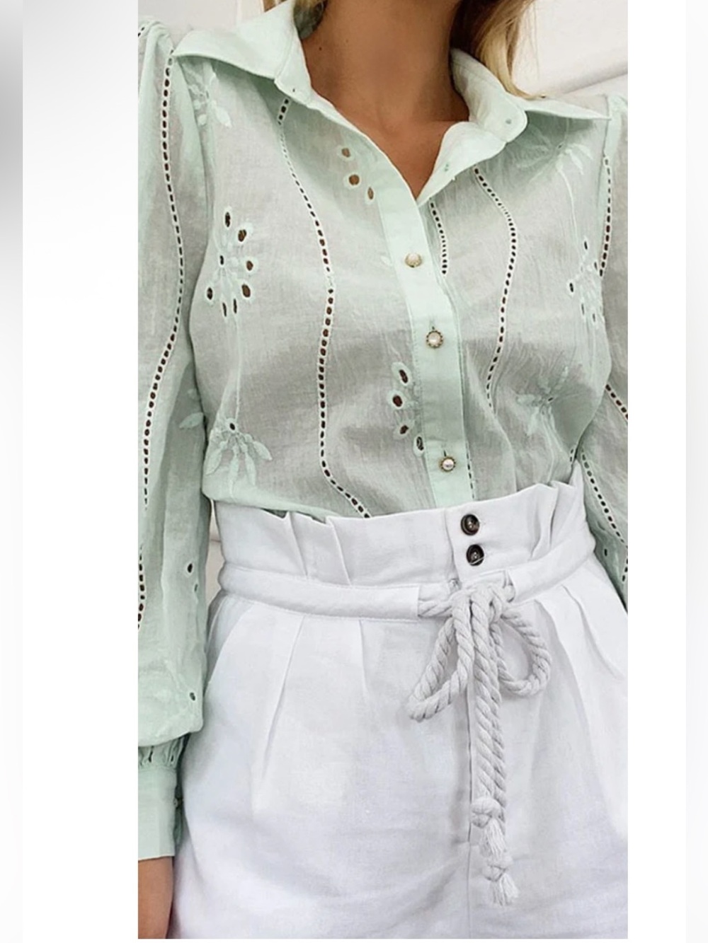 SEVEN WONDERS KNOWLES Women's Mint Eyelet Button-Down Bohemian Blouse Size 6